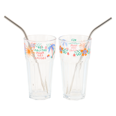 Set de 2 verres (+ 2 pailles en inox) Mojito des amigos