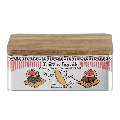Boîte métallique biscuit Boite à biscuits avec couvercle en bois Langue de chat P005-MB10025