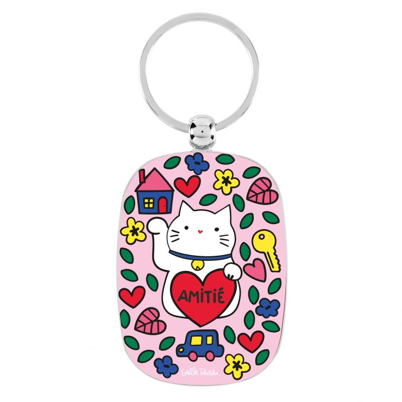 Porte-clé Chat bonheur rose