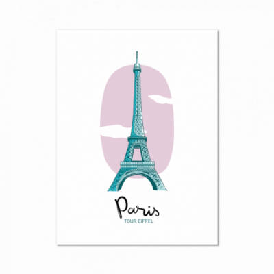 Affiche "Paris Tour Eiffel" : "Affiche minimaliste représentant la Tour Eiffel dans une teinte bleue pastel, devant un fond ovale rose pâle. En bas, le mot 'Paris' est écrit dans une police manuscrite noire, suivi des mots 'Tour Eiffel' en petites lettres capitales.